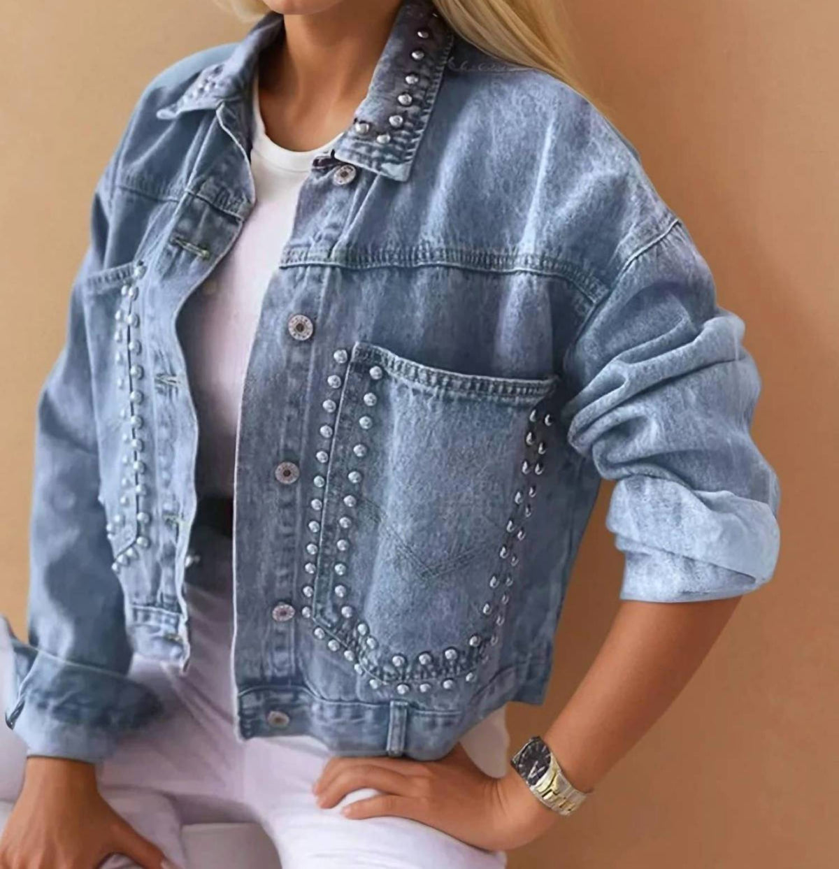 Wisteria Lane - Women's Studded Cropped Washed Denim Jacket