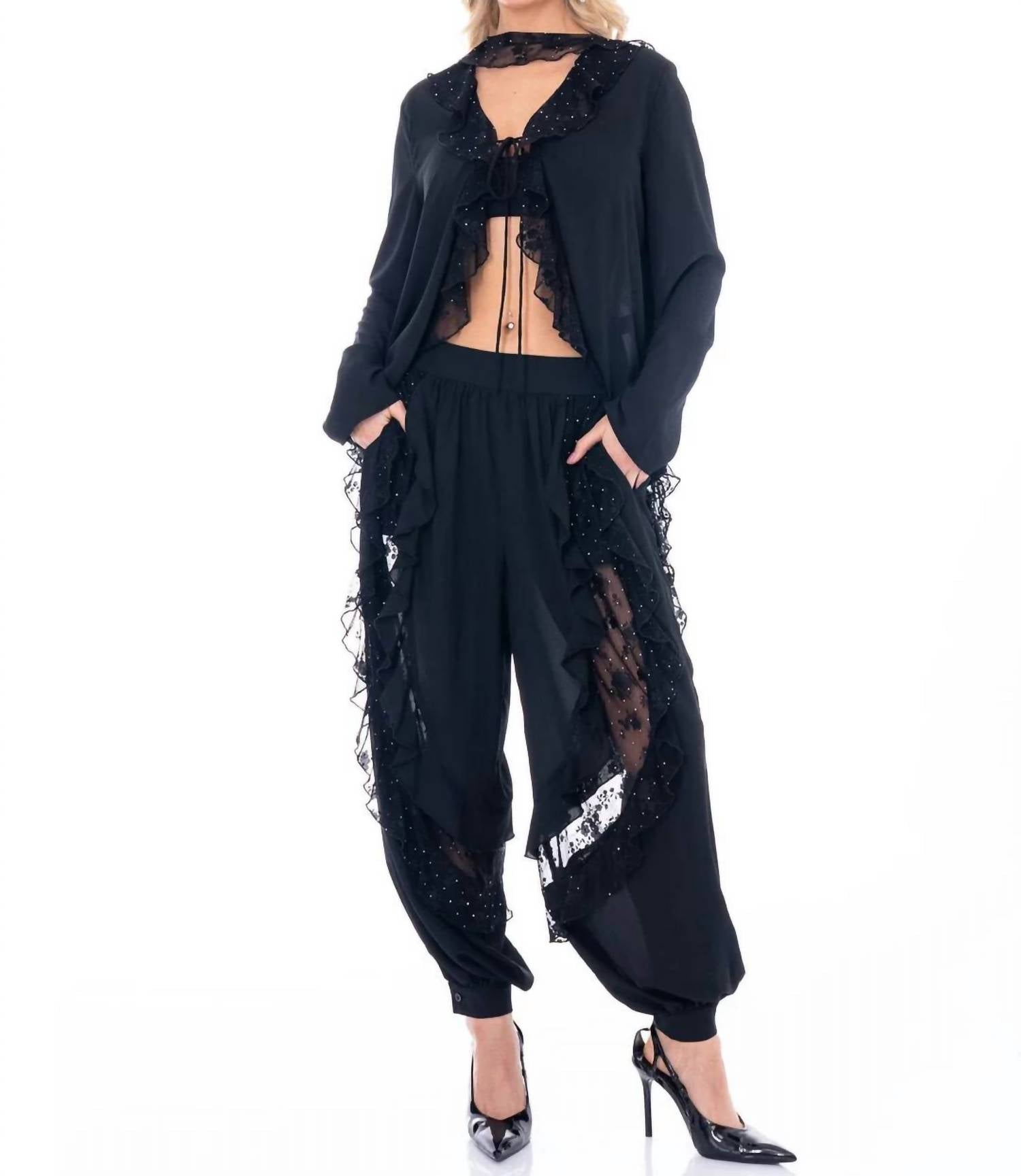 Little Secret Of Mine - Midnight Romance Long Sleeve Blouse & Elastic Waist Pants Set