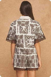 Strut & Bolt - Geometric Leaf Print Embroidered Lace Trim Top
