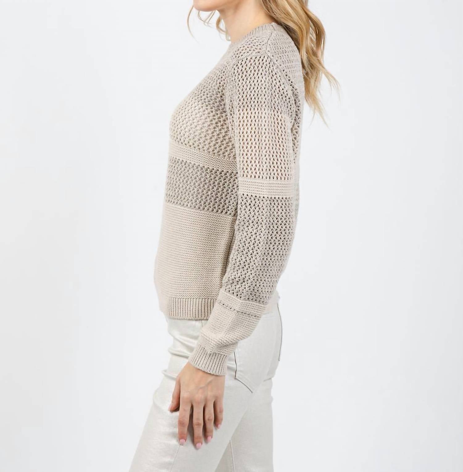 Kinross Mixed Stitch Lurex Crew Sweater in dune - women's sweater - alternate view