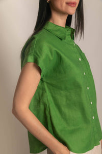 P.CILL Women's Linen Relaxed Short Sleeve Button Up Shirt in grass green - women's shirt - alternate view