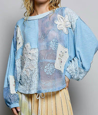 POL Crochet Embroidered Patch Lace Top in powder blue - women's blouse