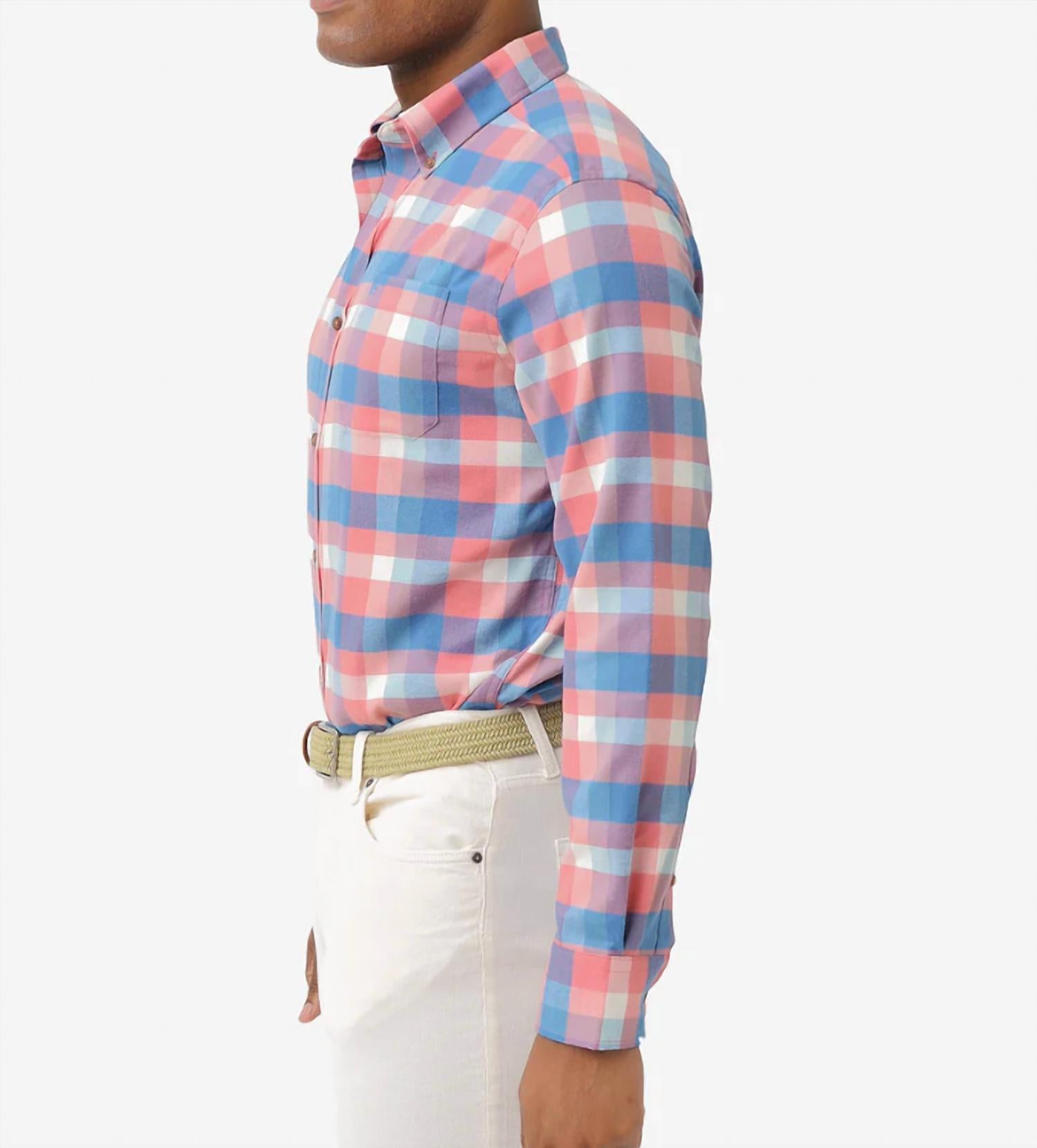 SOUTHERN TIDE Radcliffe Plaid Intercoastal Flannel Sport Shirt in rouge red - men's long sleeve top - alternate view