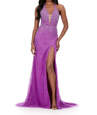 ASHLEYlauren Dazzling Beaded Lace Gown in violet - women's dress