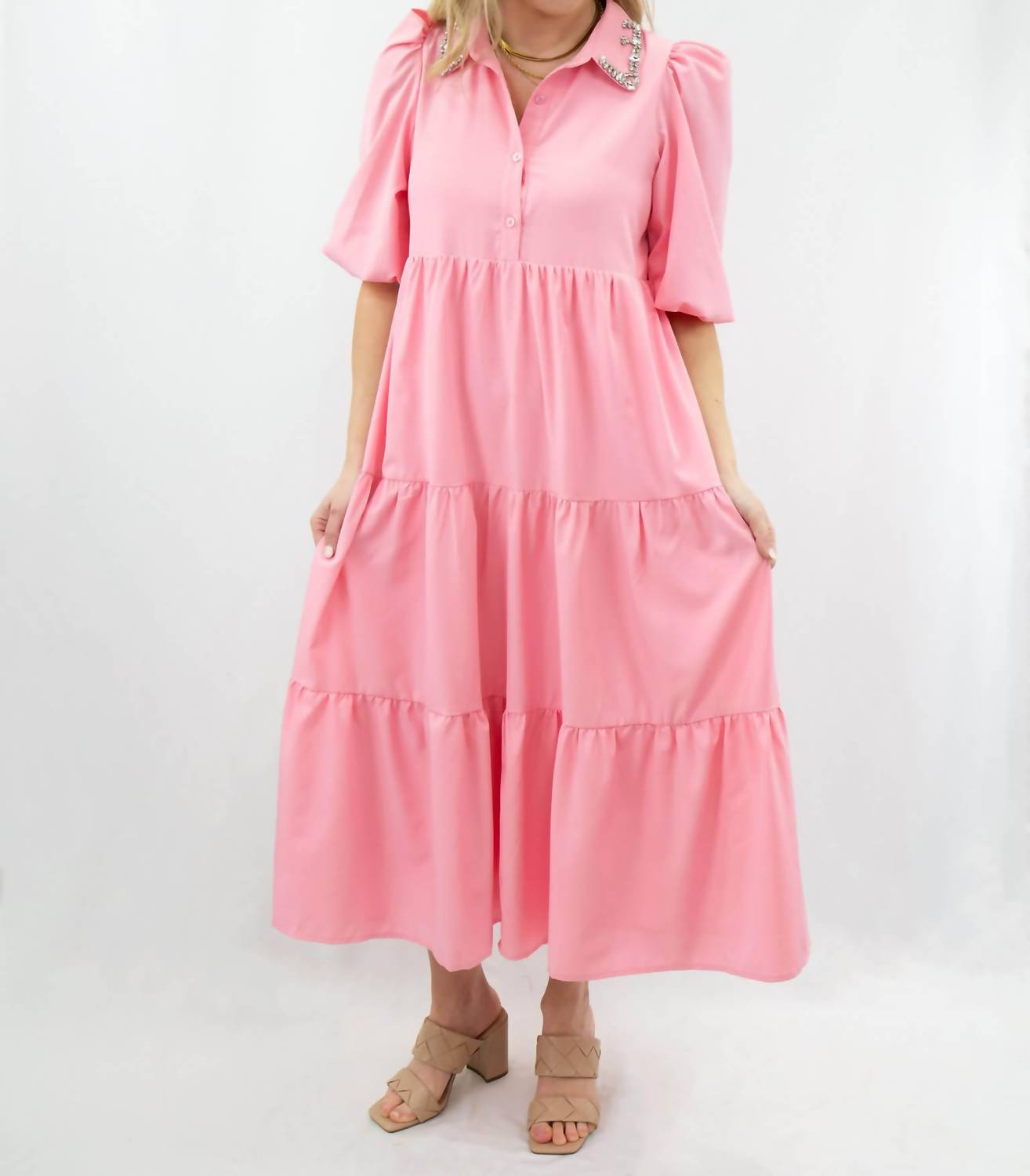Pretty Follies Jeweled Collar Midi Shirt Dress in pink - women's dress