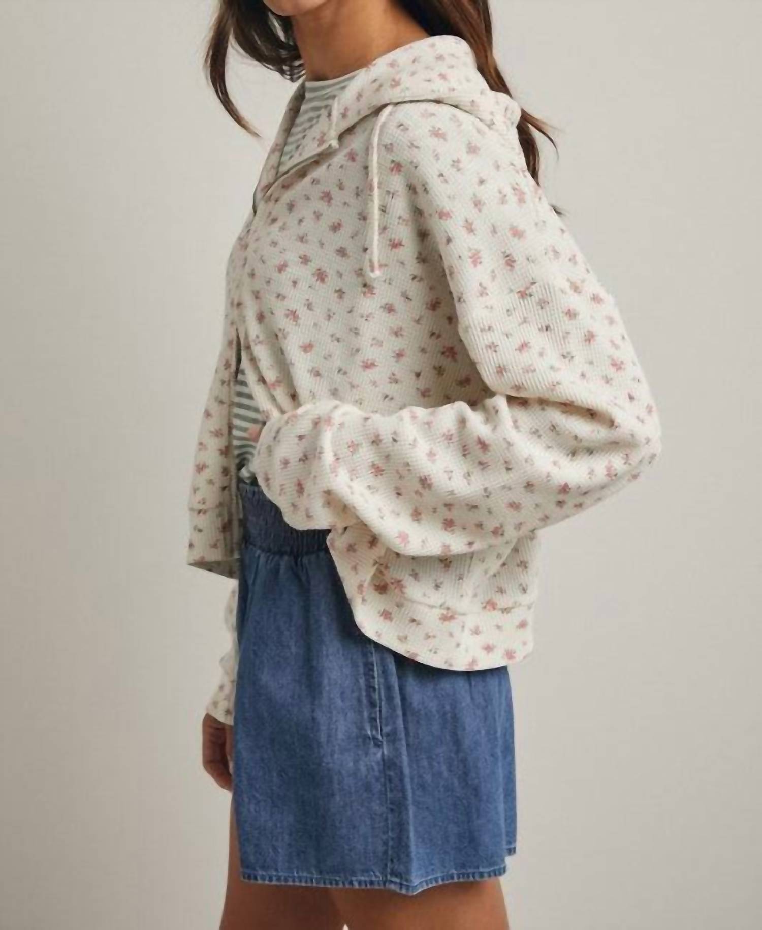 WISHLIST Floral Waffle Knit Hooded Jacket in cream rose - women's jacket - alternate view
