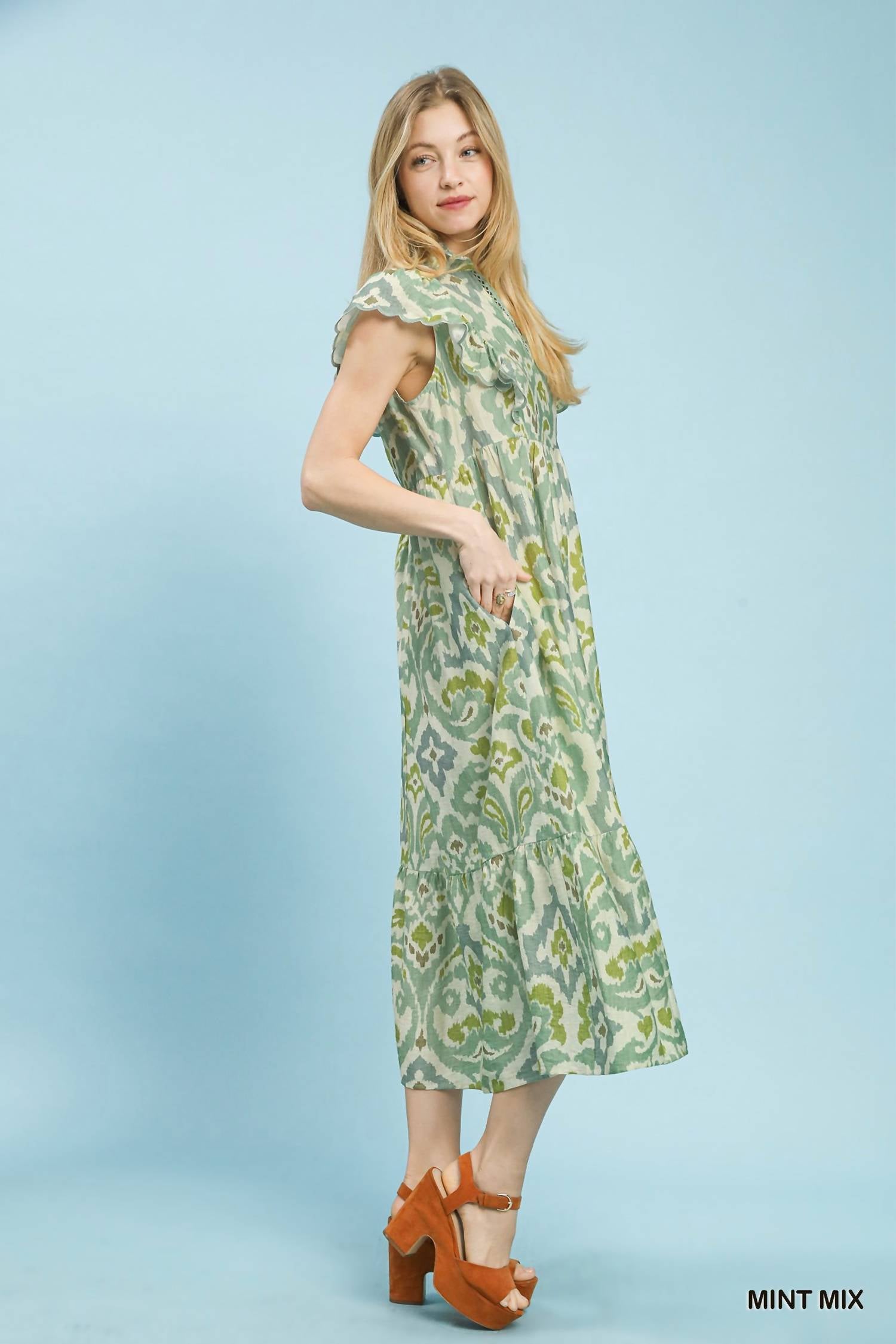 Umgee - Ruffle Sleeve Ikat Midi Dress