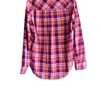 XIRENA Women's Beau Plaid Flannel Shirt in pink orange - women's long sleeve top - detail view