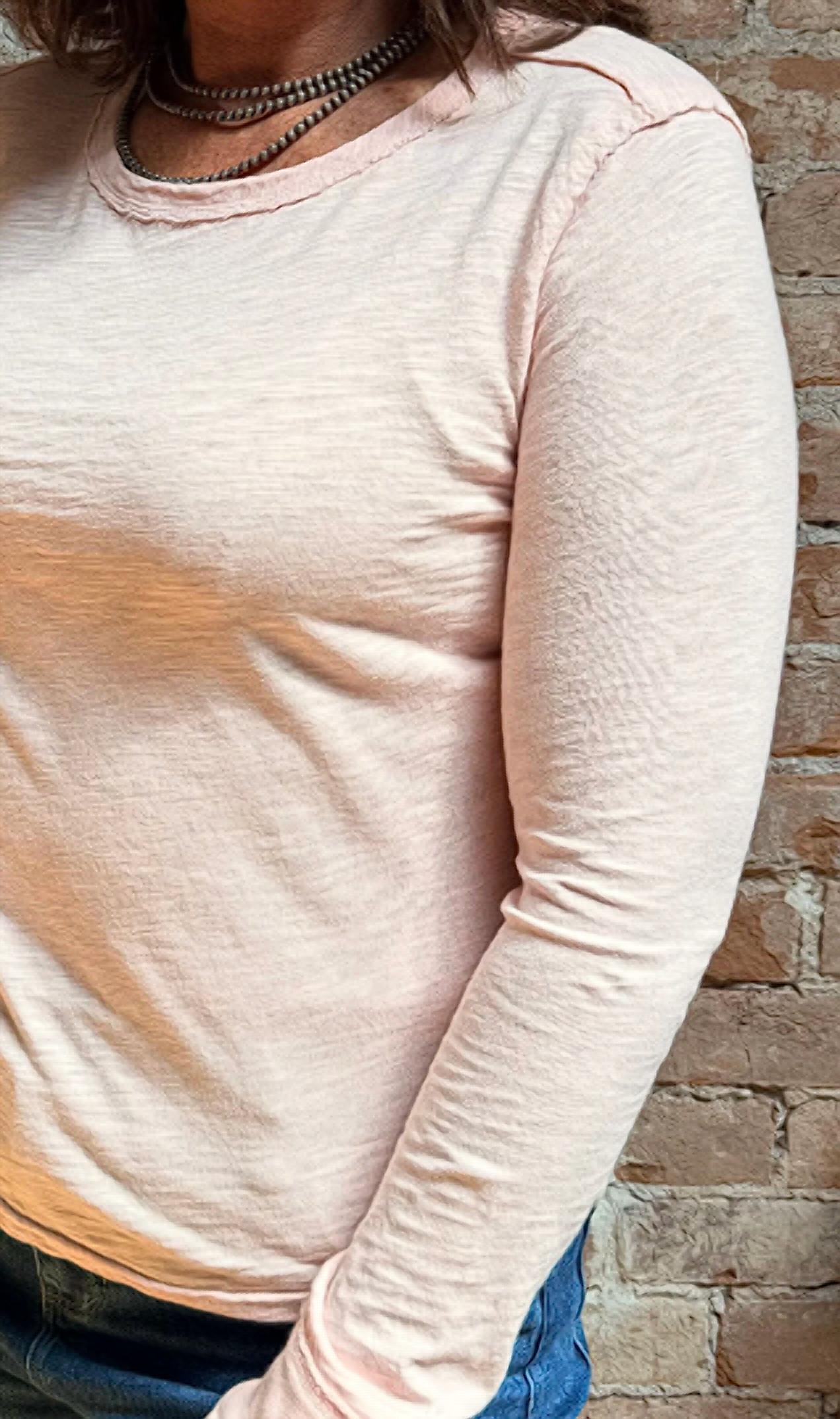 Dylan Soft Cotton Slub Vintage Tee Top in light pink - women's long sleeve top - detail view