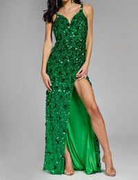 JOVANI Elegant Sequin Embellished Gown With Plunging Neckline in emerald - women's dress - detail view