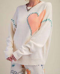 Easel Heart Stitched Sweater in ivory - women's sweater