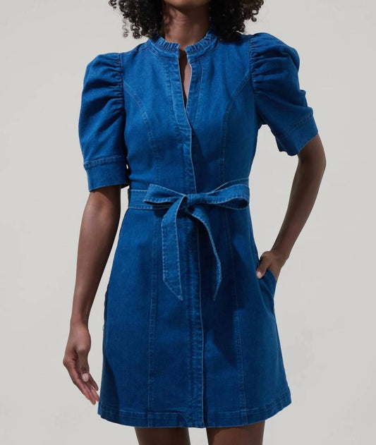 Sugarlips - Women's Jamie Denim Puff Sleeve Belted Mini Dress