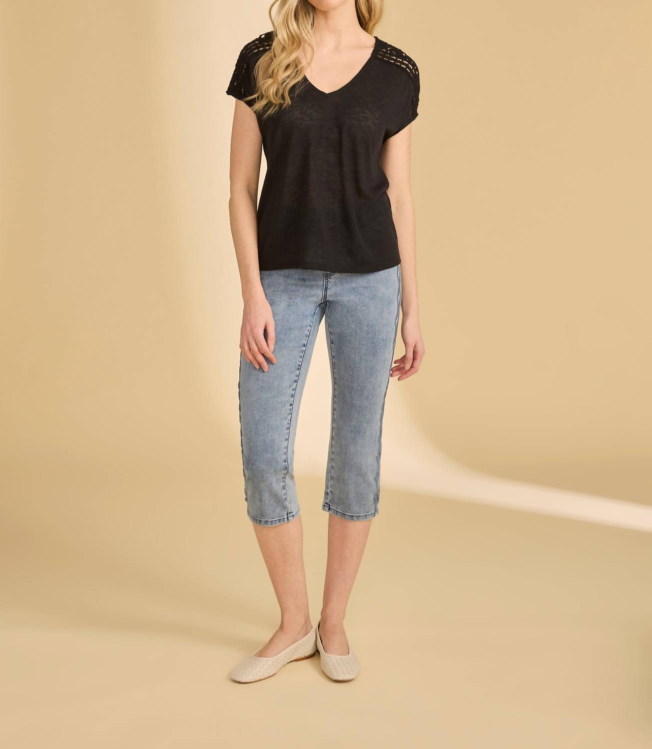 FDJ Short Sleeve V-Neck Top in black - women's t-shirt - detail view