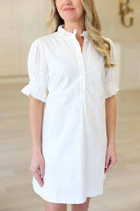 Karlie - Solid Poplin Ruffle Neck Pleat Back Tie Dress
