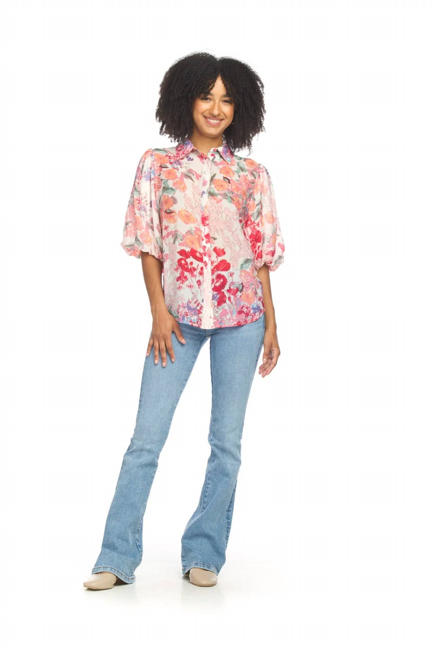 Papillon - Floral Collared Baloon Sleeve Top