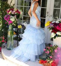 Ava Presley One Shoulder Mermaid Prom Dress in light blue - women's dress - detail view