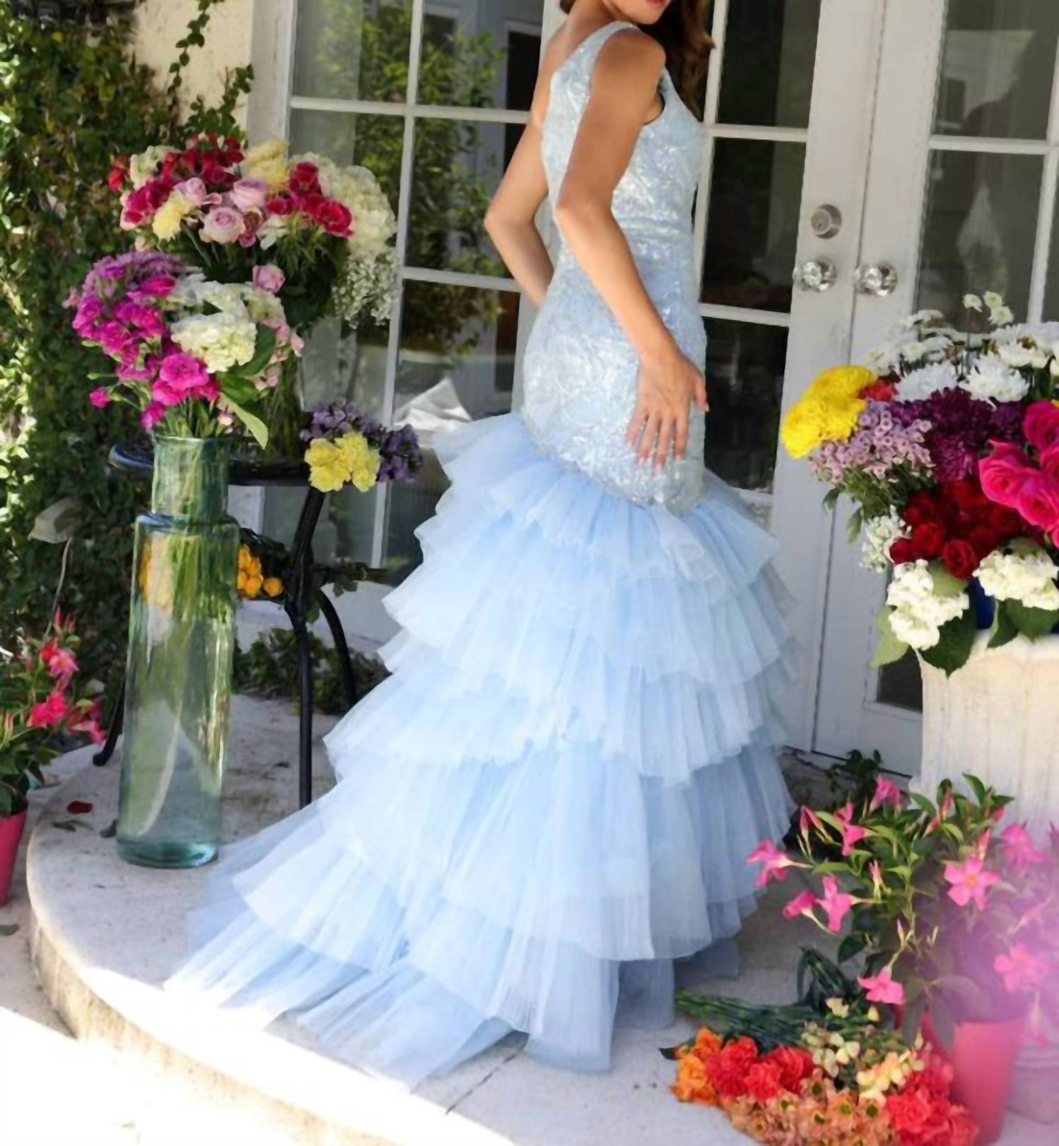 Ava Presley One Shoulder Mermaid Prom Dress in light blue - women's dress - detail view