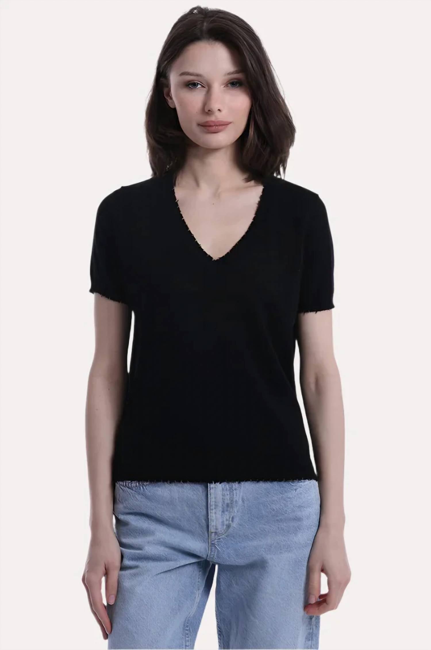 Minnie Rose - Short Sleeve Frayed V-neck Top