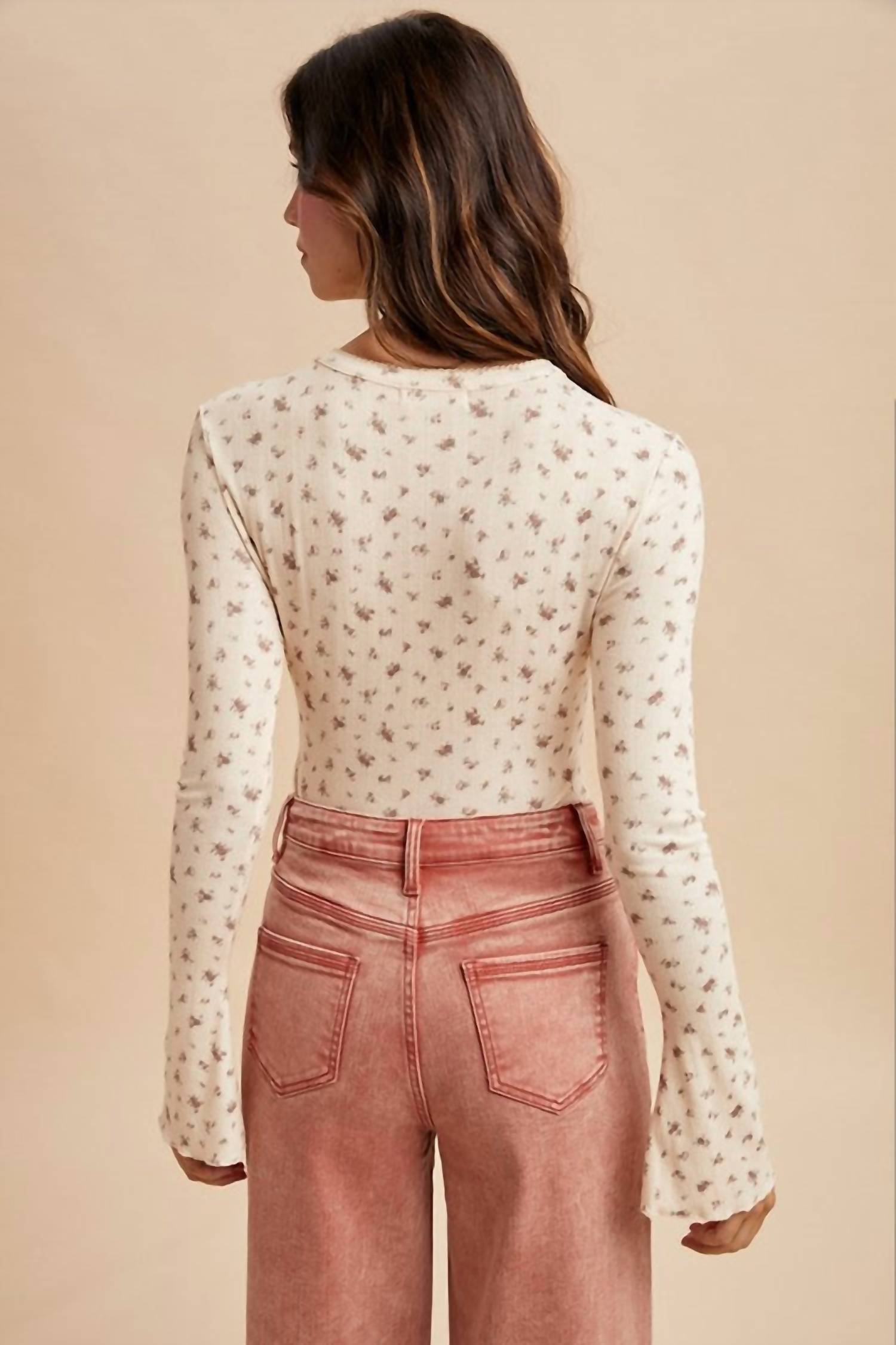 Blakely - Ditsy Print Pointelle Knit Bell Sleeve Bodysuit