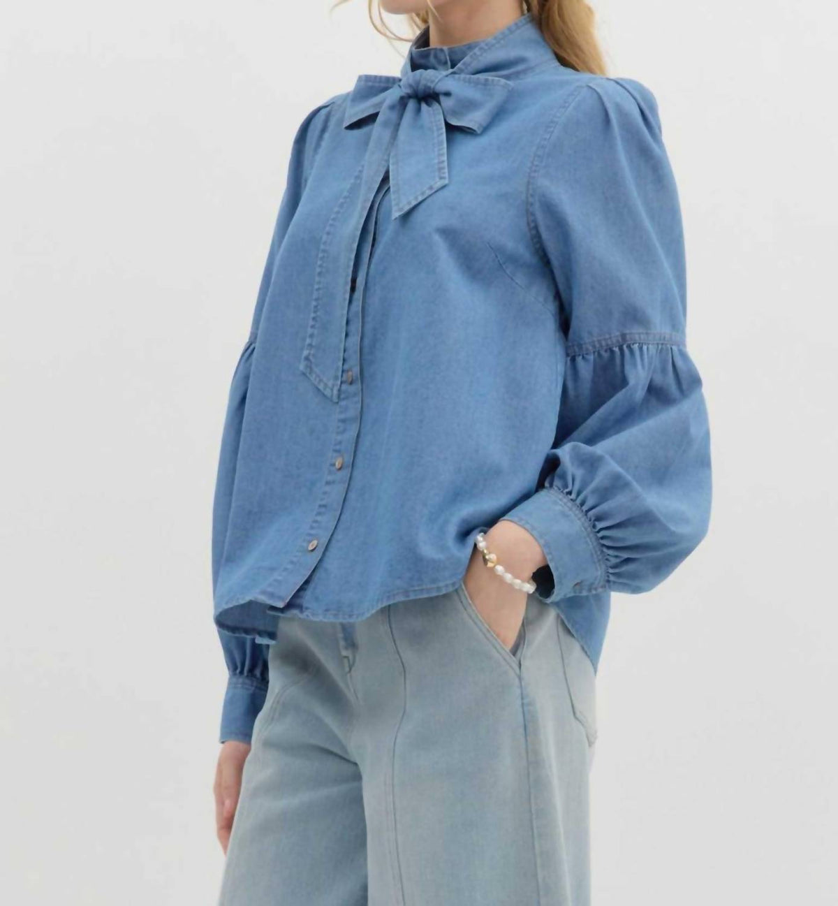Entro - Bow Tie Blouse with Ruched Long Sleeves