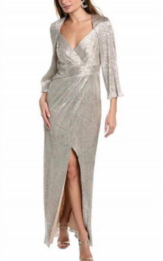Aidan Mattox - V-Neck Metallic Sleeved Gown