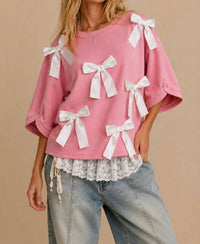 J.Nna - Rosy Bow-embellished Short-sleeve Top