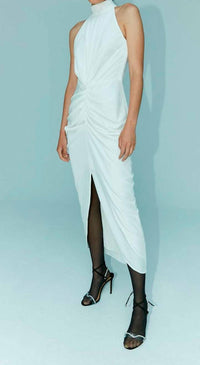 Aiifos Eloise Halter Midi Dress in ivory velvet - women's dress - detail view