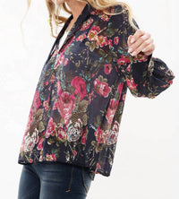 Aratta Diana Top in dark blue with red floral - women's blouse - detail view