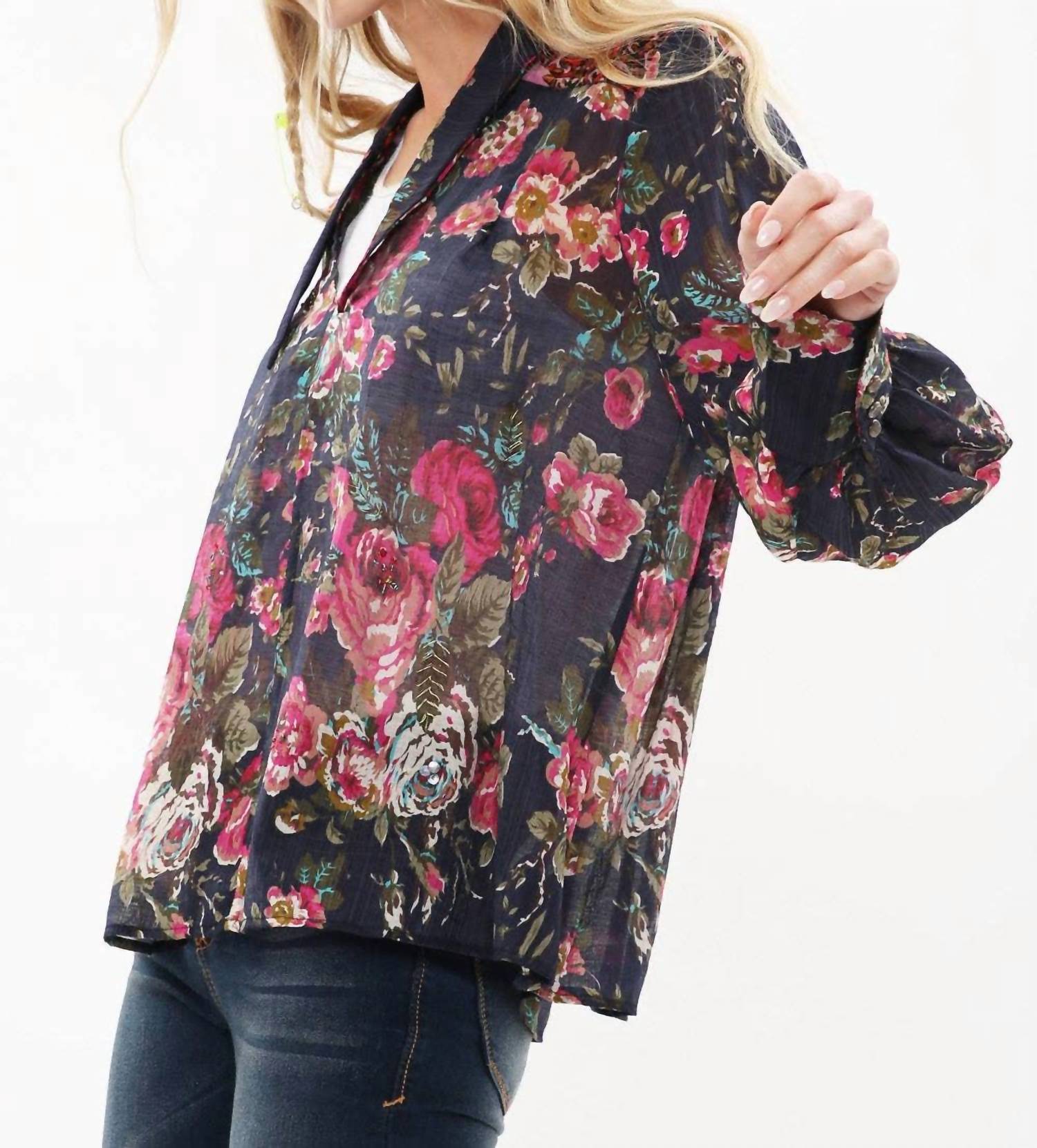 Aratta Diana Top in dark blue with red floral - women's blouse - detail view