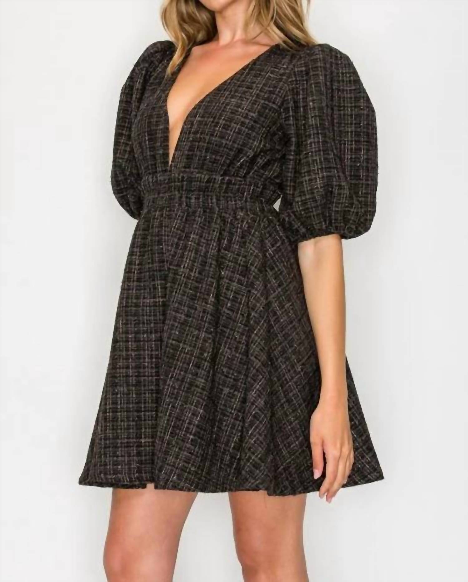 Meet Me In Santorini - Ebony Tweed Puff Sleeve Dress