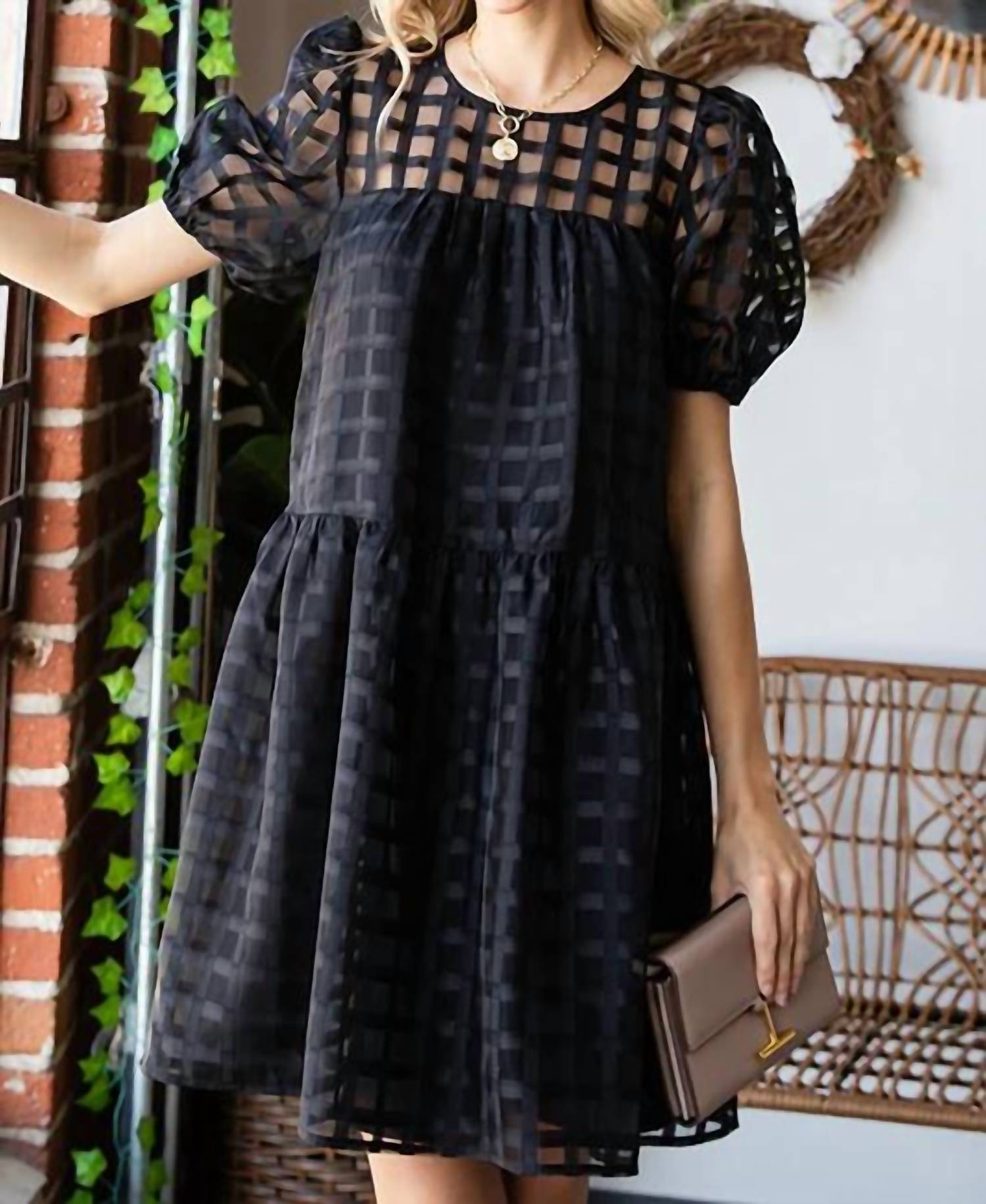 First Love - Plaid Organza Puff Sleeve Tiered Short Dress