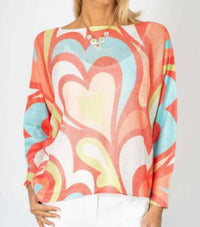 Look Mode Usa - Heart Print Open Weave Batwing Sweater