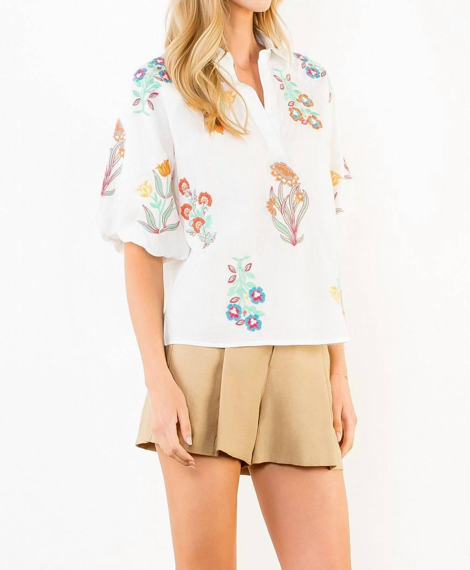 Thml - Short Sleeve Embroidery Detail Collared Top