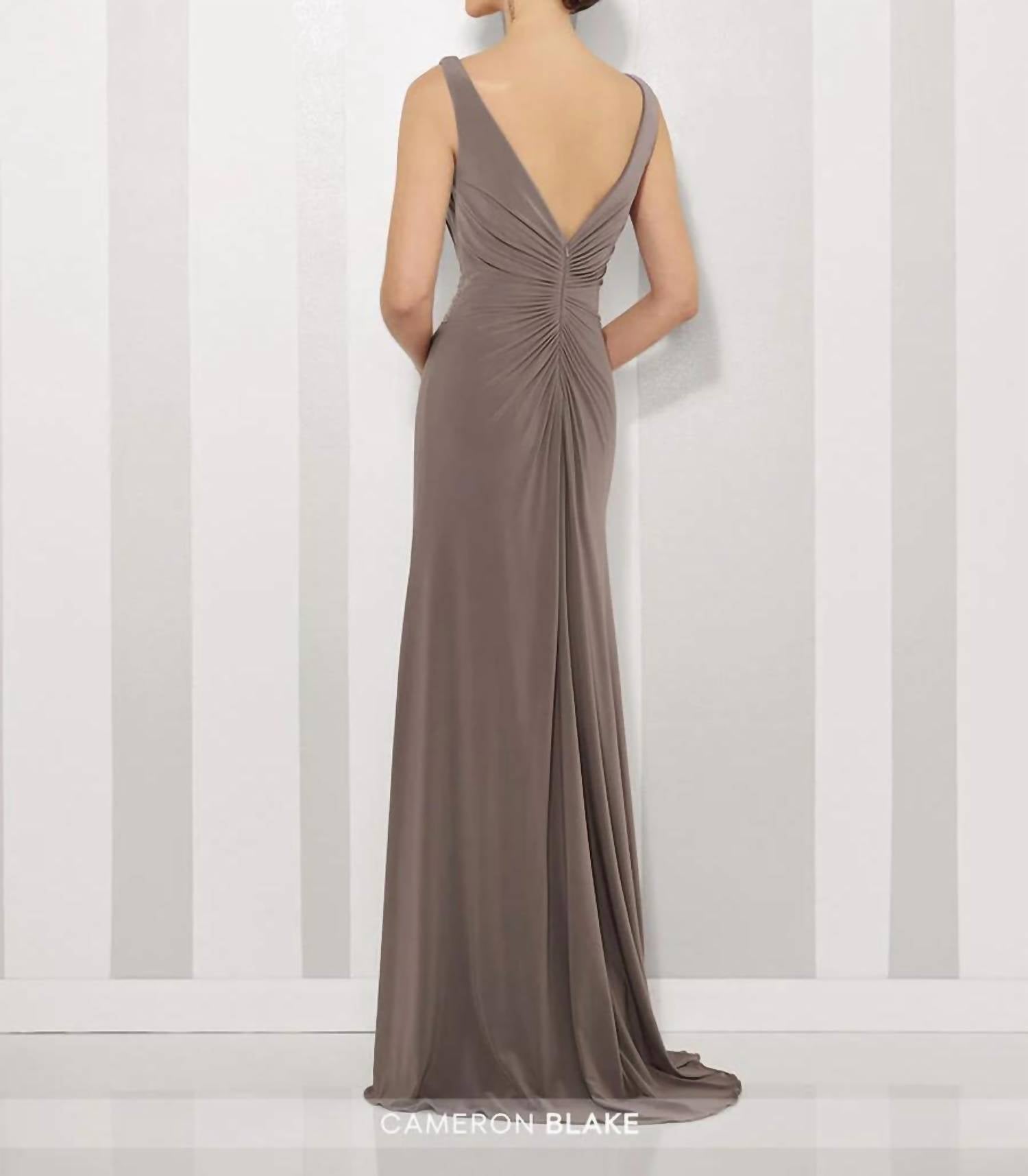 Social Occasions By Mon Cheri - Taupe Long Layered Gown