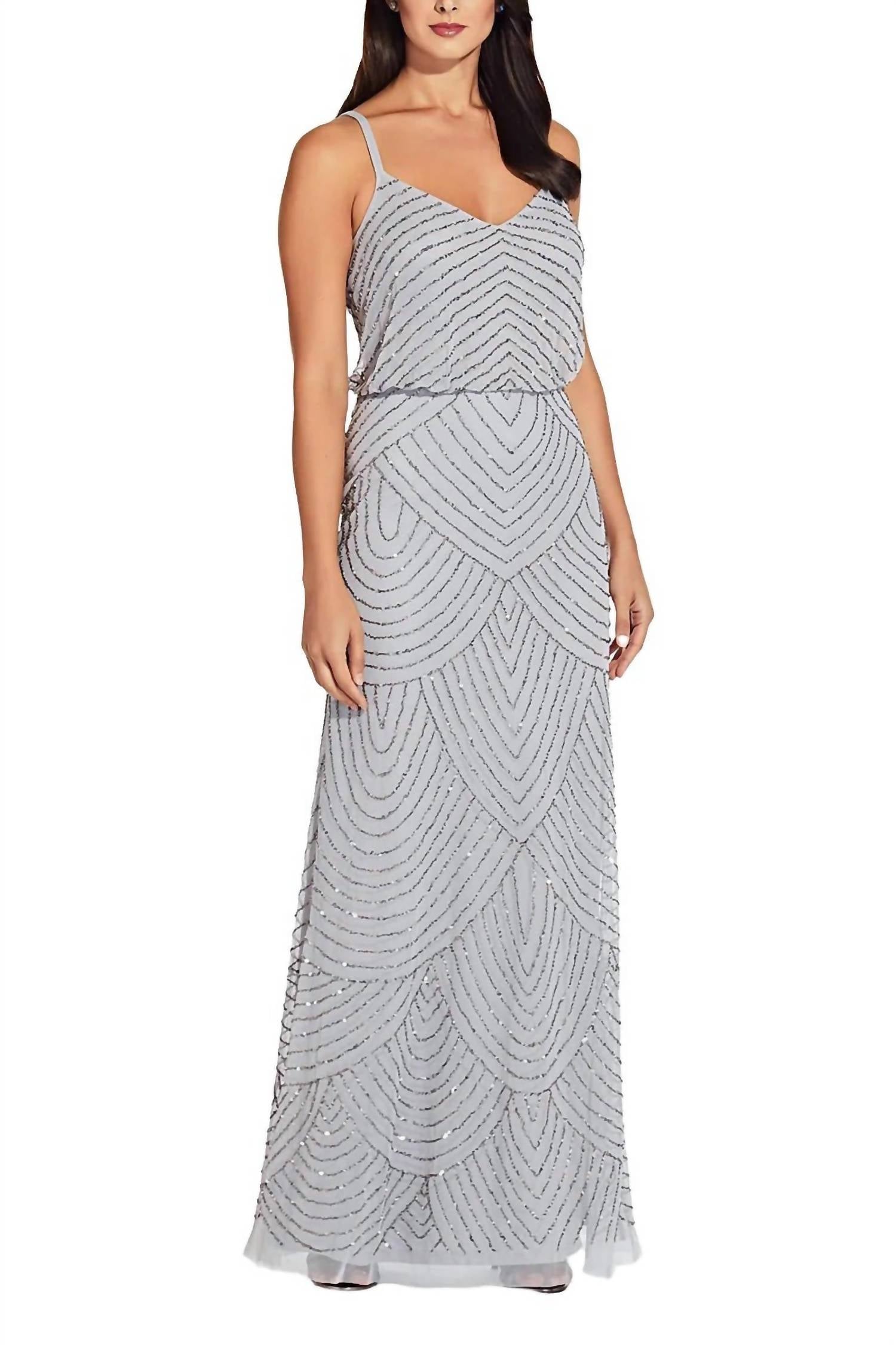 Adrianna Papell - V-neck Blouson Embellished Mesh Dress