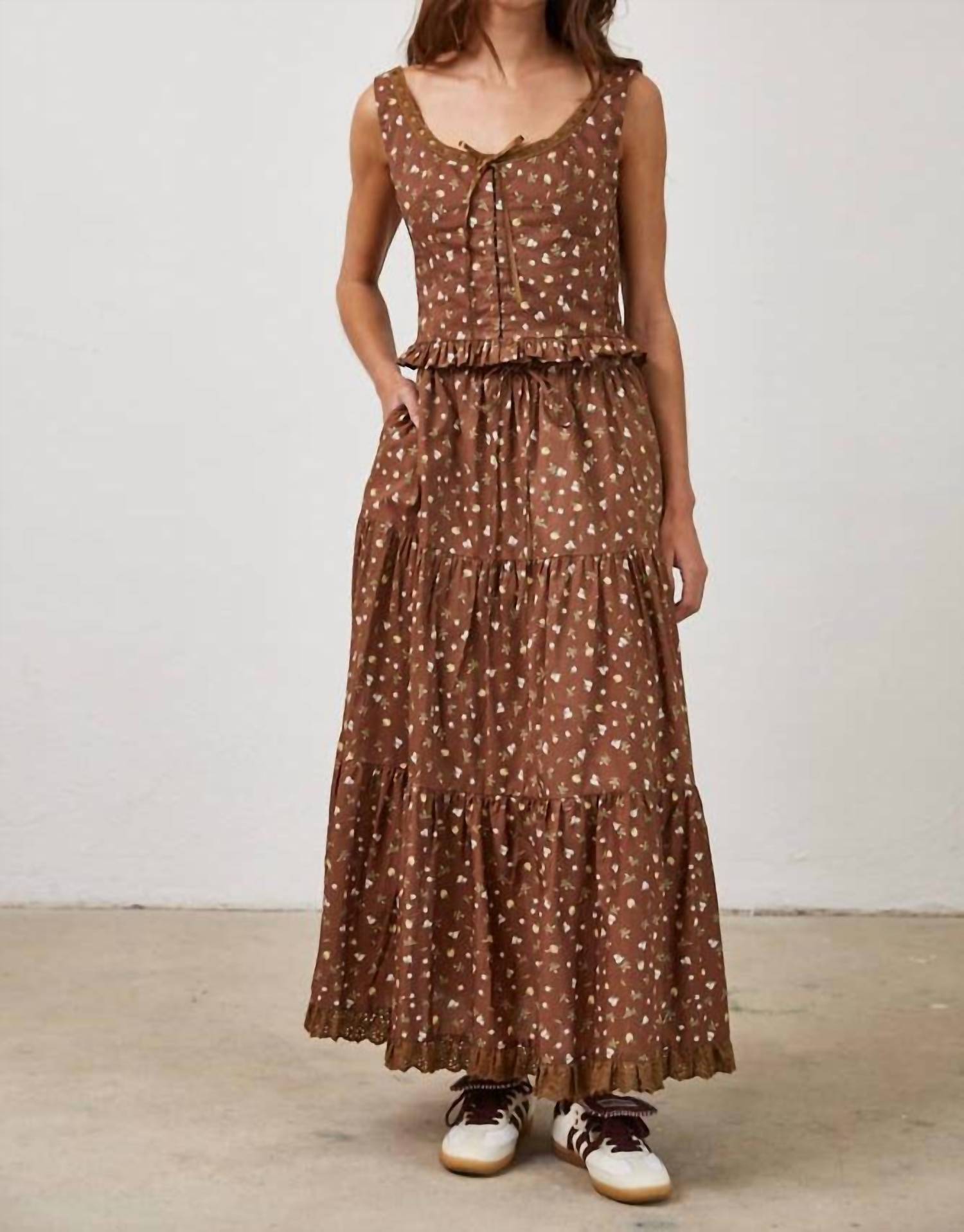Creamon Floral Lace Trim Front Tie Top & Skirt Set in choco - women's skirt - detail view