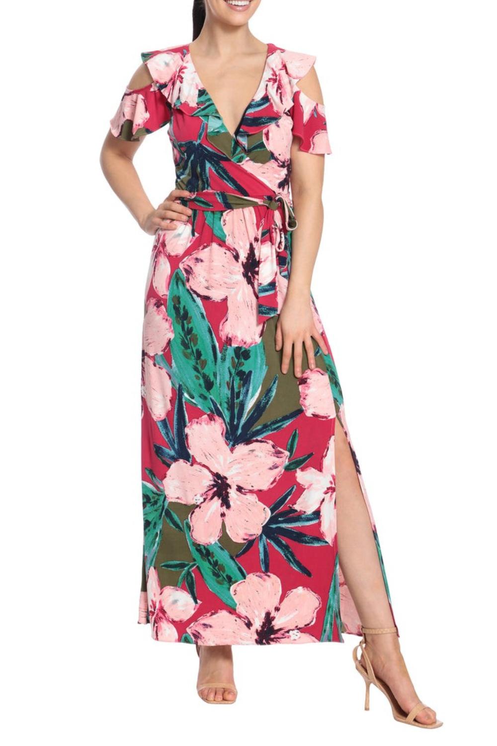 London Times - Floral Print Ruffle Cold Shoulder Front Slit Maxi Dress