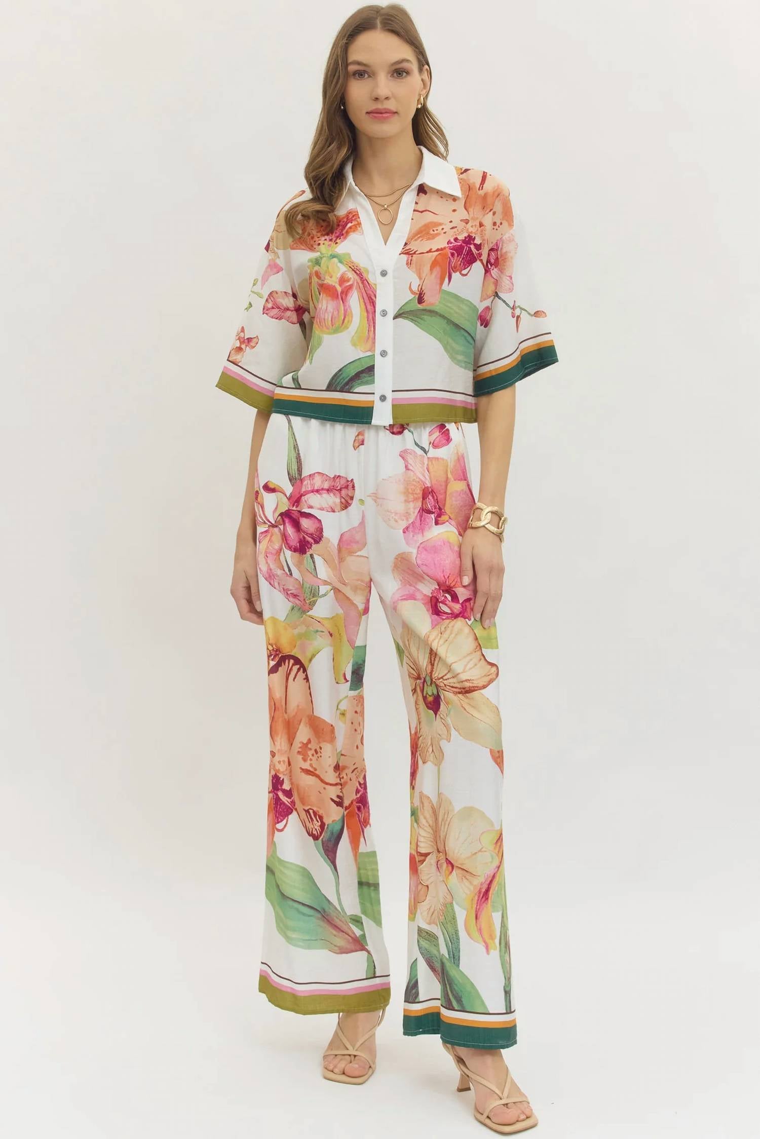 Entro - Floral Pull-on Wide Leg Pants