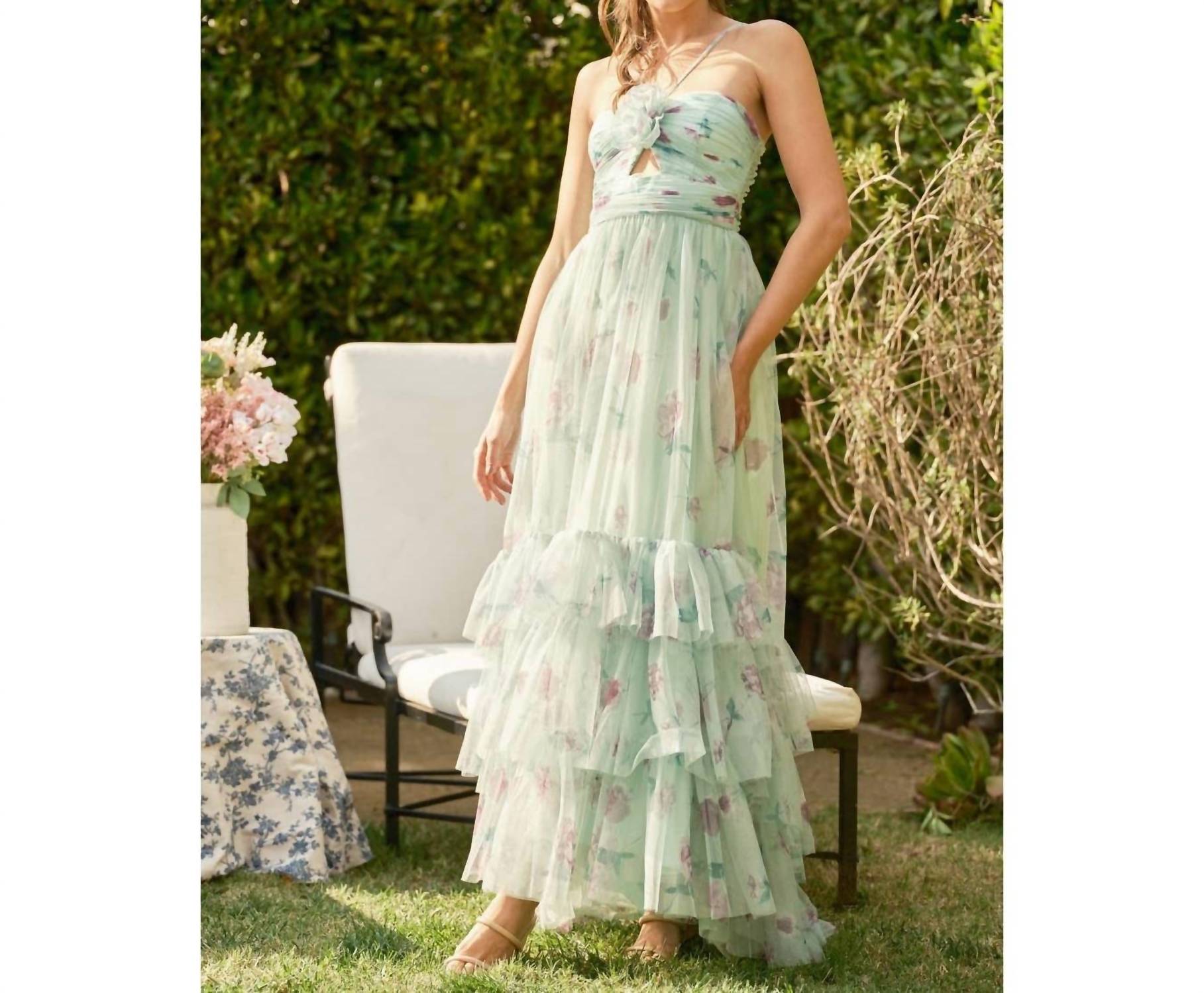 Ina Fashion - Rosette Detail Cut Out Tiered Maxi Dress
