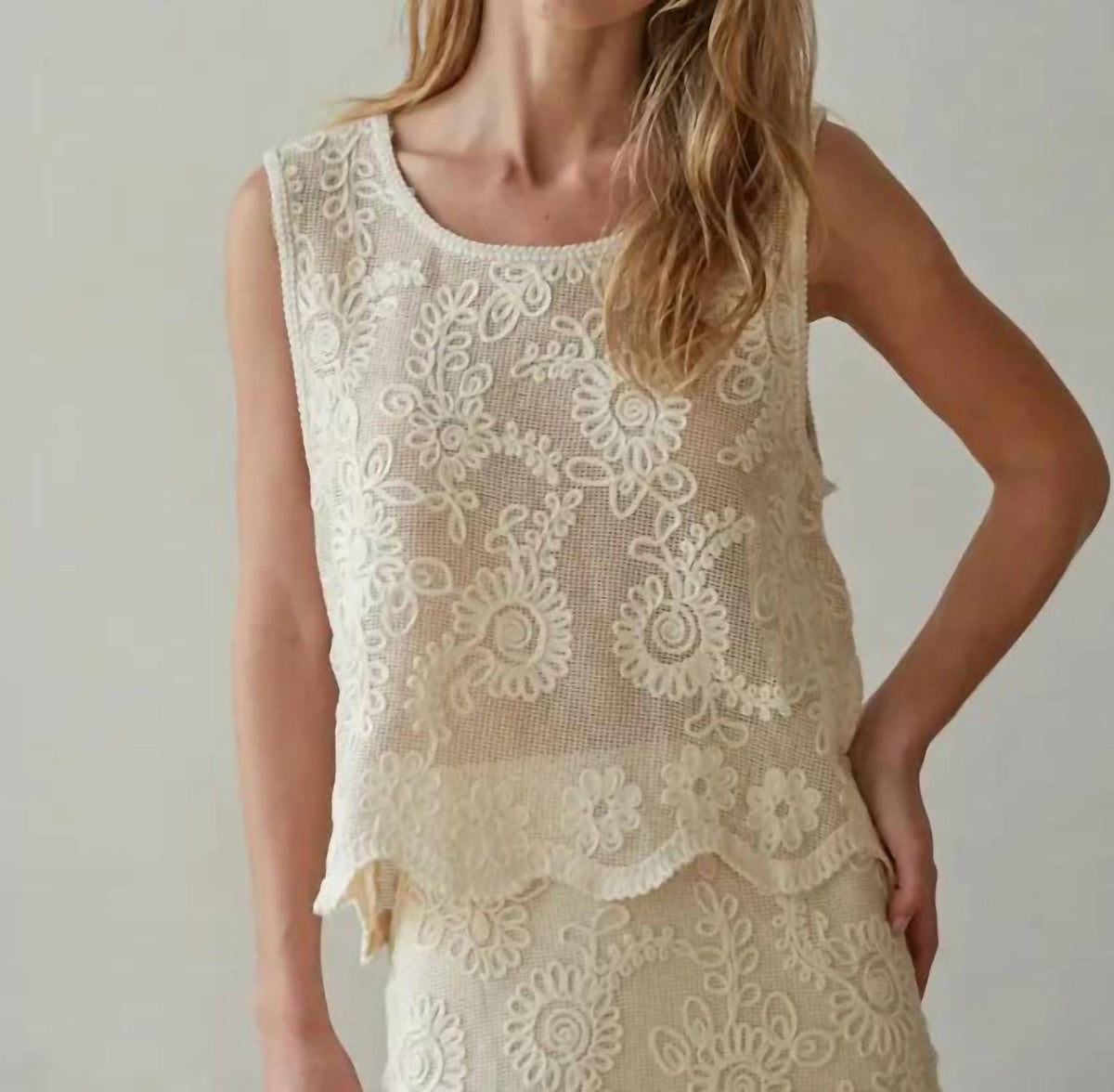 By Together - Woven Cotton Floral Lace Work Sleeveless Top