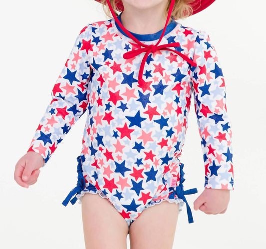 Rufflebutts - Girls Shimmer Star-Spangled Long Sleeve One Piece Rash Guard