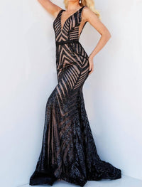 Jovani - V Neck Shimmering Sequins Prom Dress