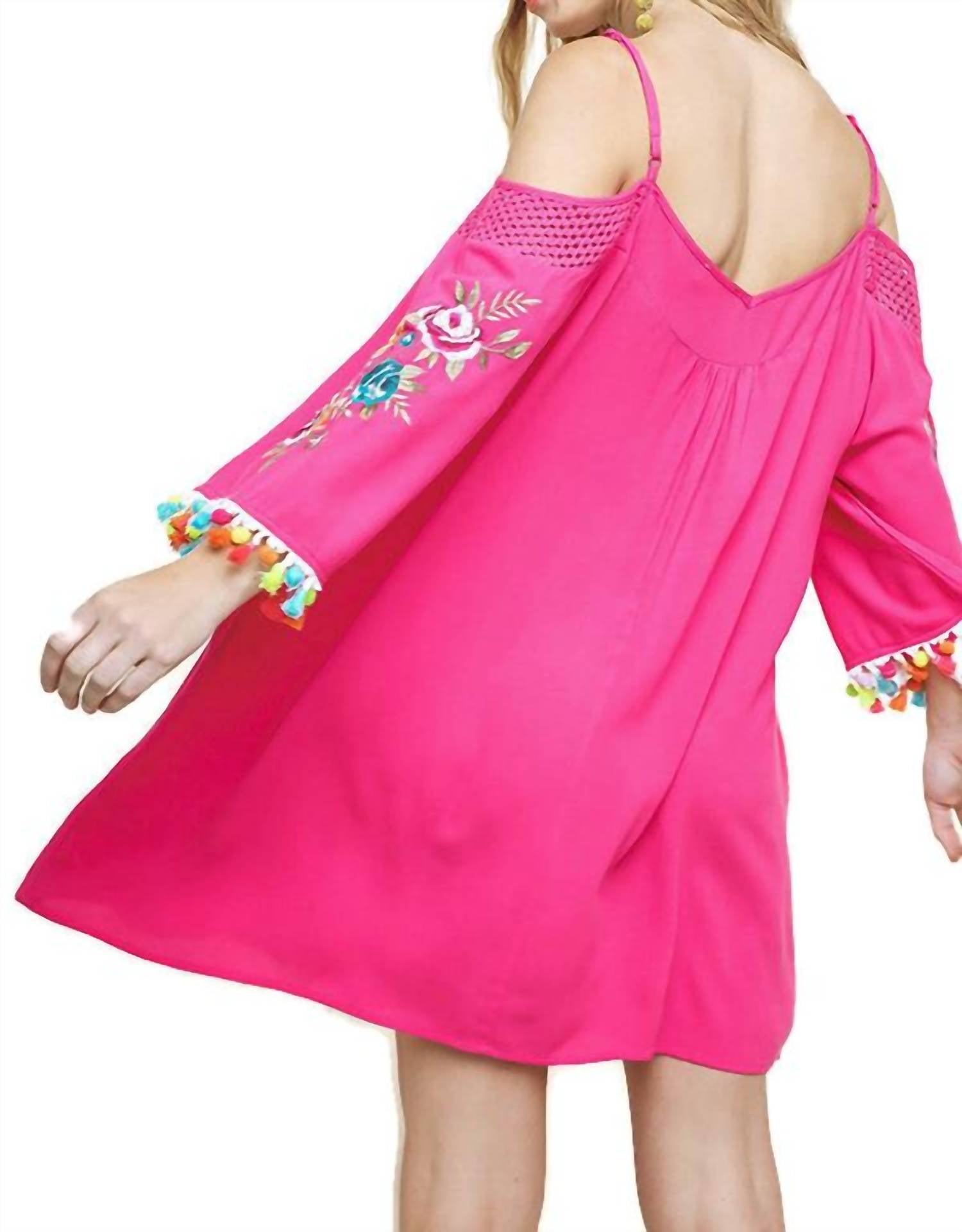 Umgee - Floral Embroided Pom And Tassel Mini Dress