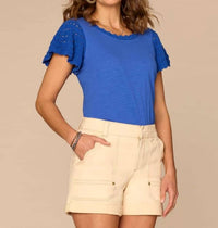 Democracy - Short Crochet Flutter Sleeve Scoop Neck Knit Top