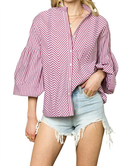 Cezele - V-Neck Printed Puff Sleeve Shirt