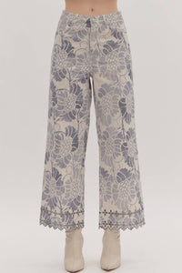 Entro - Floral Scalloped Eyelet Hem Pants