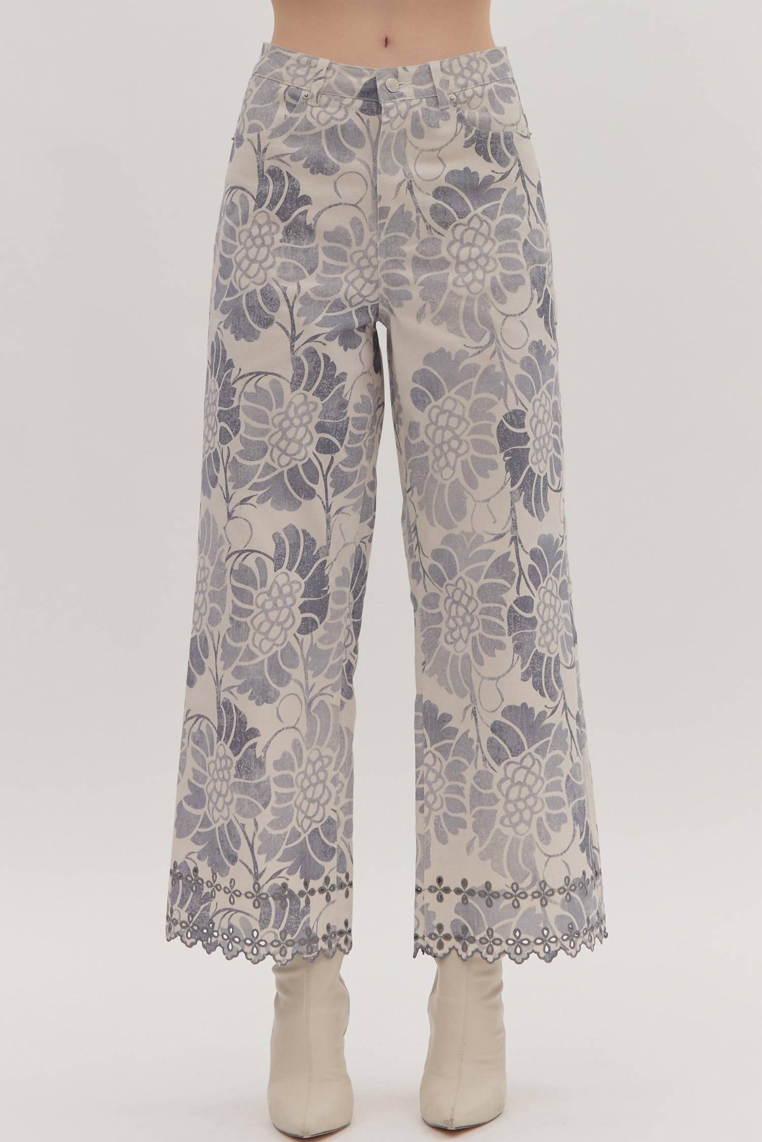 Entro - Floral Scalloped Eyelet Hem Pants