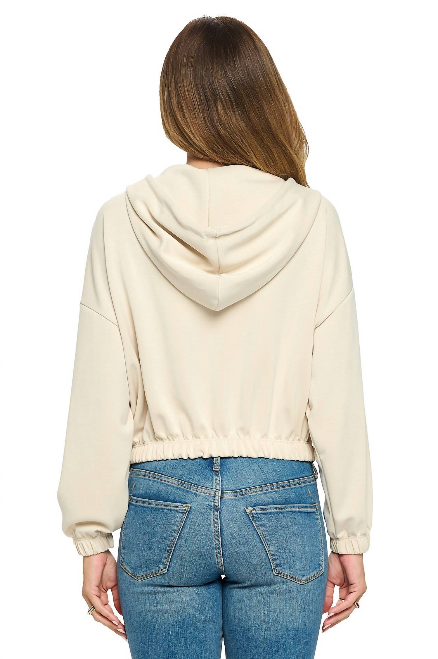 ariella Cropped Long Sleeve Hoodie With Zipper in cream - women's top - alternate view
