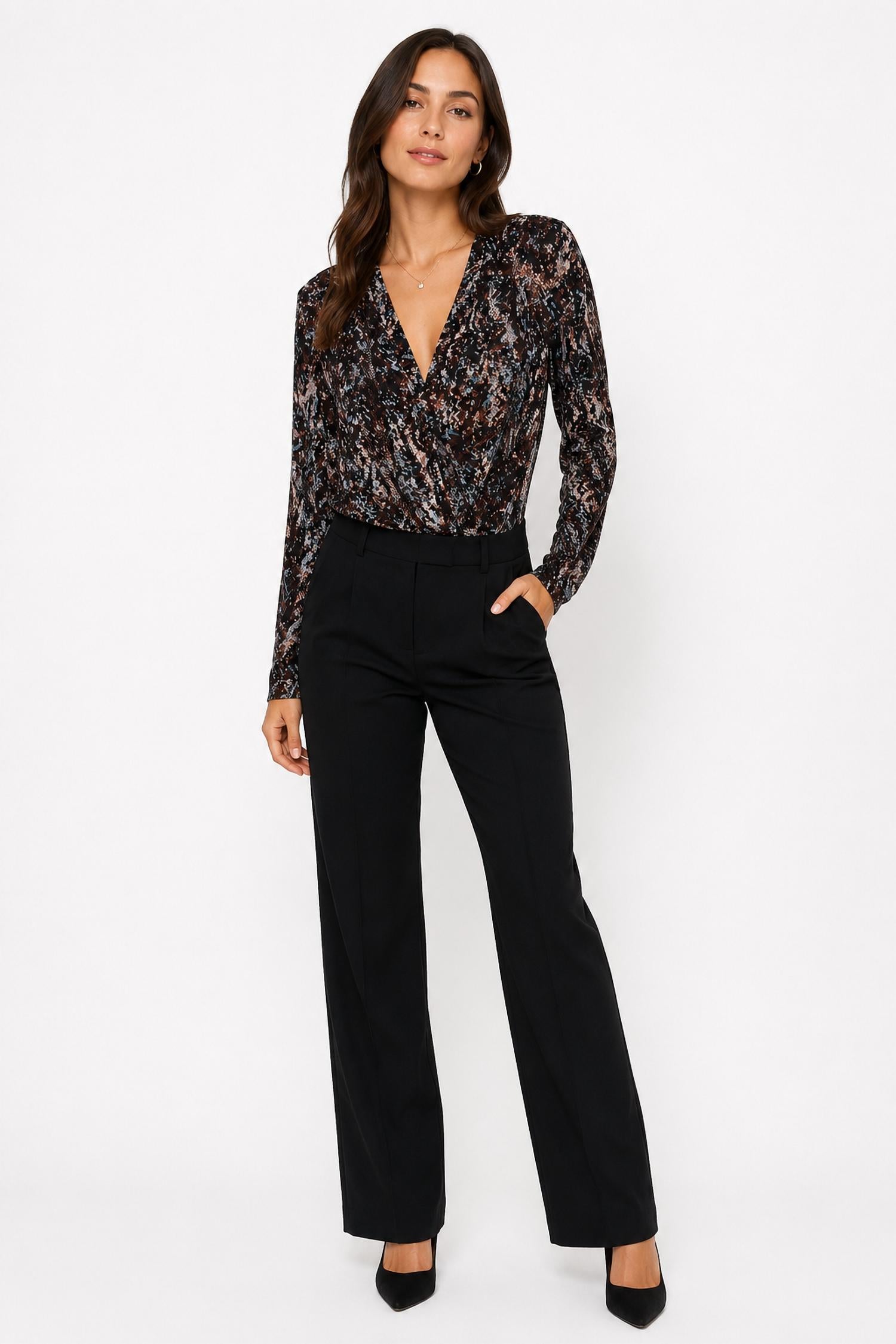 ASTR Sequence Print Bodysuit in black - women's shirt - alternate view