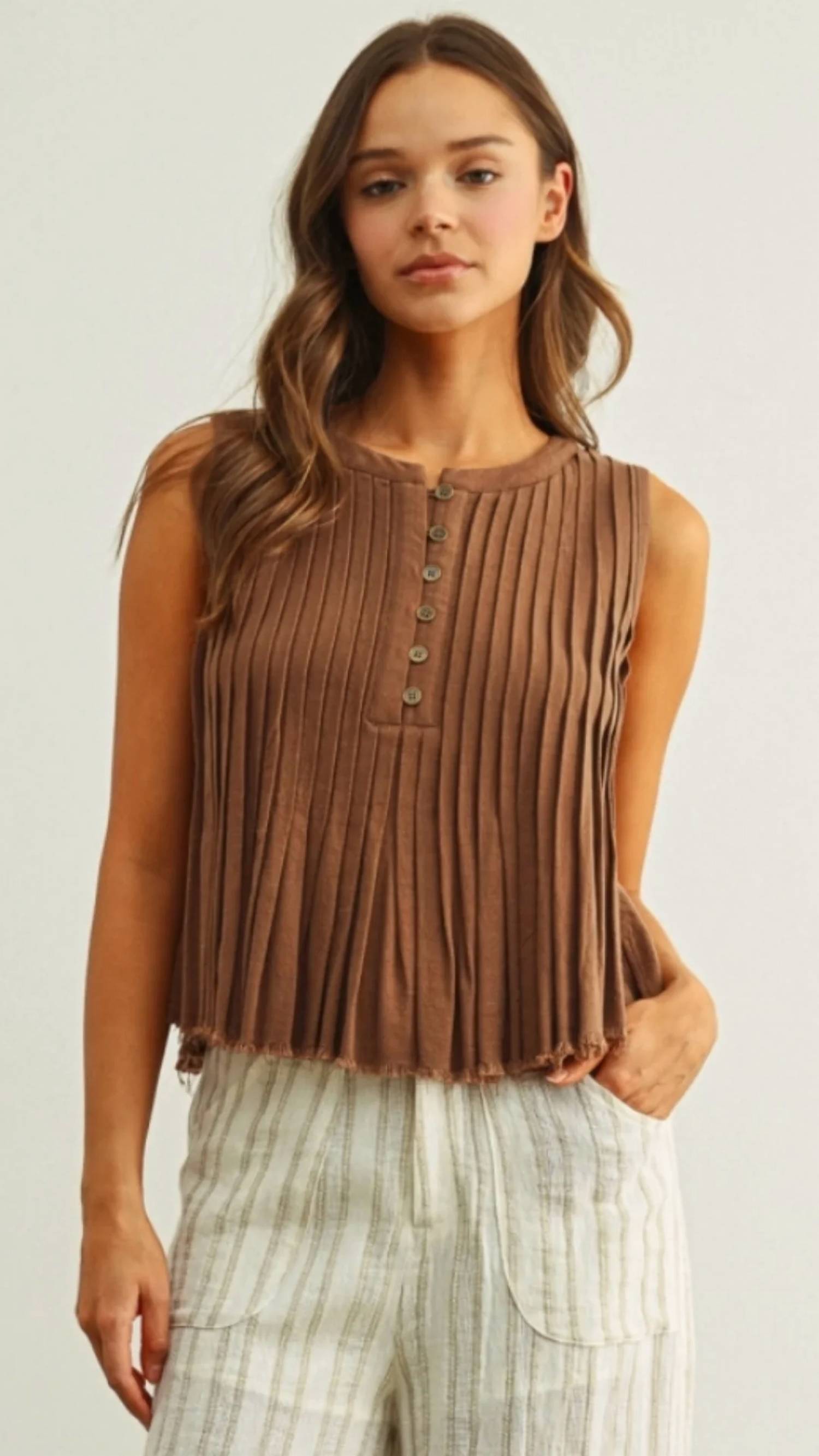 Miou Muse - Pleated Button Front Sleeveless Top